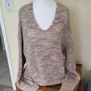 BY THE RIVERElegant V-Neck multi Color Knit  Sweater - Beige